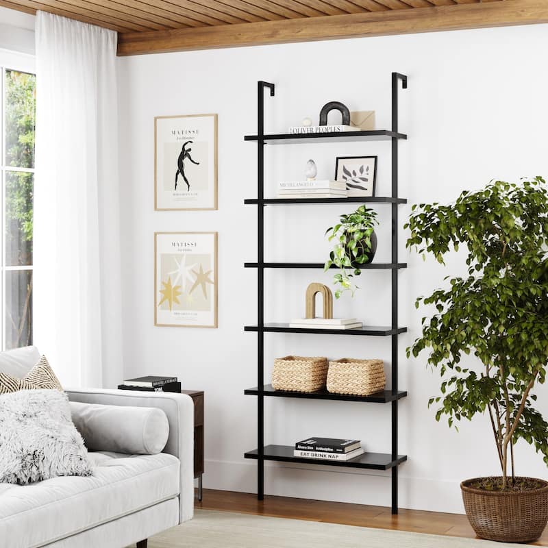 Nathan James Theo 6-Shelf Tall Bookcase, Wall Mount Bookshelf Wood with Metal Frame