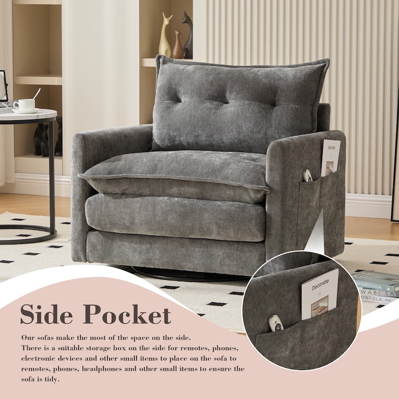 HOMEFUN Chenille Upholstered 360°Degree Swivel Mid Century Modern Arm Chair with Side Pocket for Living Room