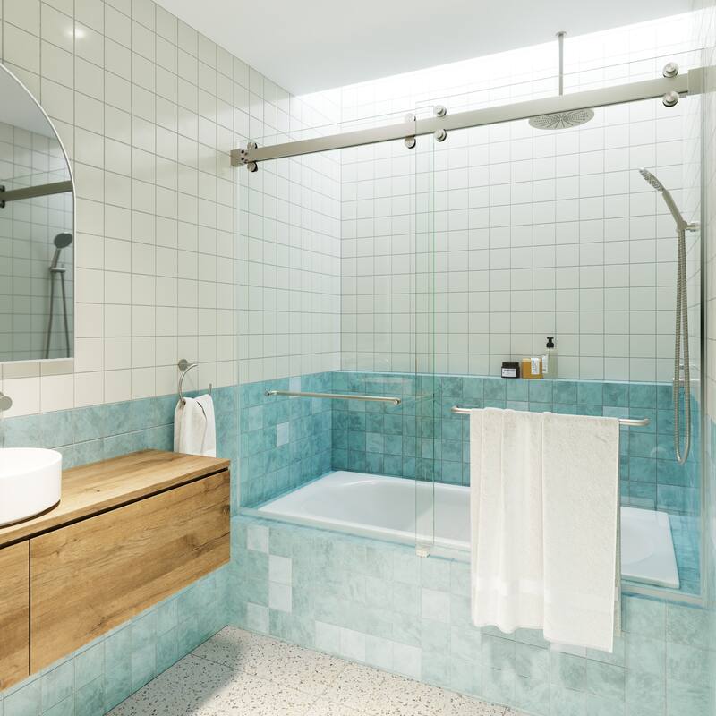 Polaris 60 in. x 66 in. Fully Frameless Glass Sliding Bypass Bathtub Doors with Square Hardware - Brushed Nickel