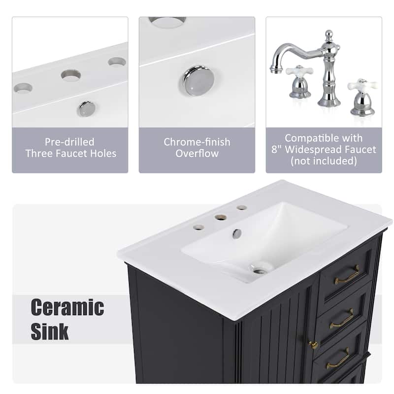 30" Bathroom Vanity with Sink, Freestanding Cabinet with 1 Door and 3 Drawers, Solid Wood Legs, MDF Structure, Soft-Close