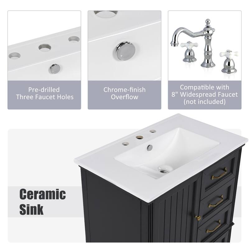Roomfitters 30" Bathroom Vanity with Integrated Ceramic Sink, Solid Wood Frame and 3-Drawer Storage