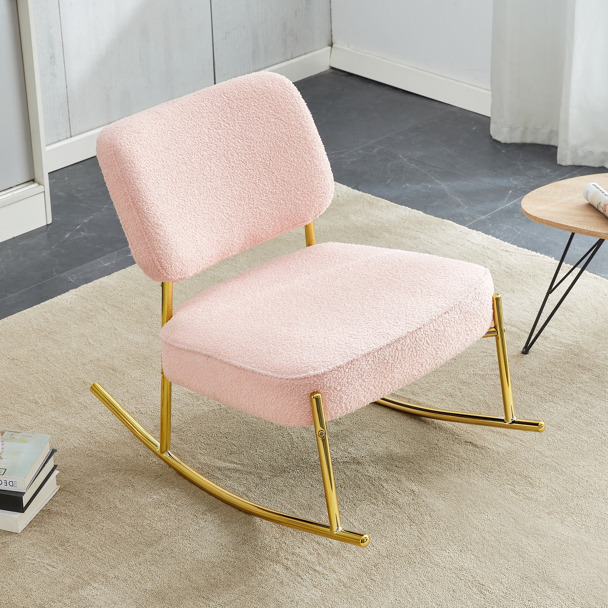Modern Rocking Chair Teddy Upholstered Glider Rocker with Backrest and Golden Metal Legs Reading Chair Comfy Chair White