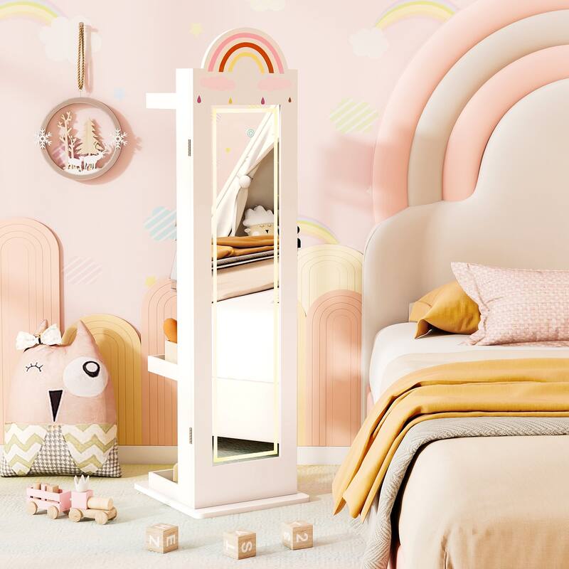 Gymax 3 In 1 Kids Jewelry Cabinet w/3-Color Lighted Full Length Mirror