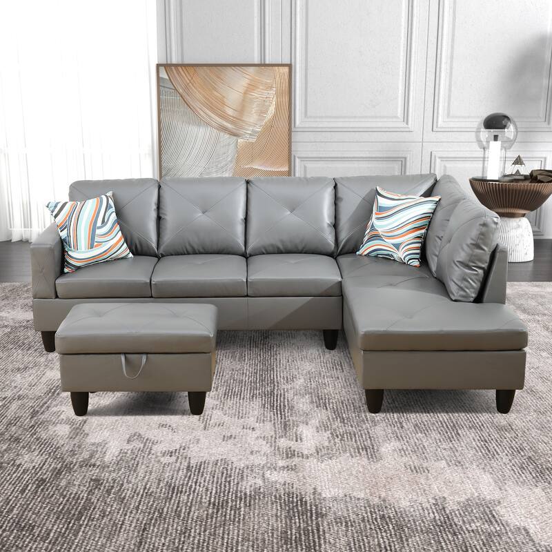 L-Shaped PU Leather Sofa & Chaise with Ottoman