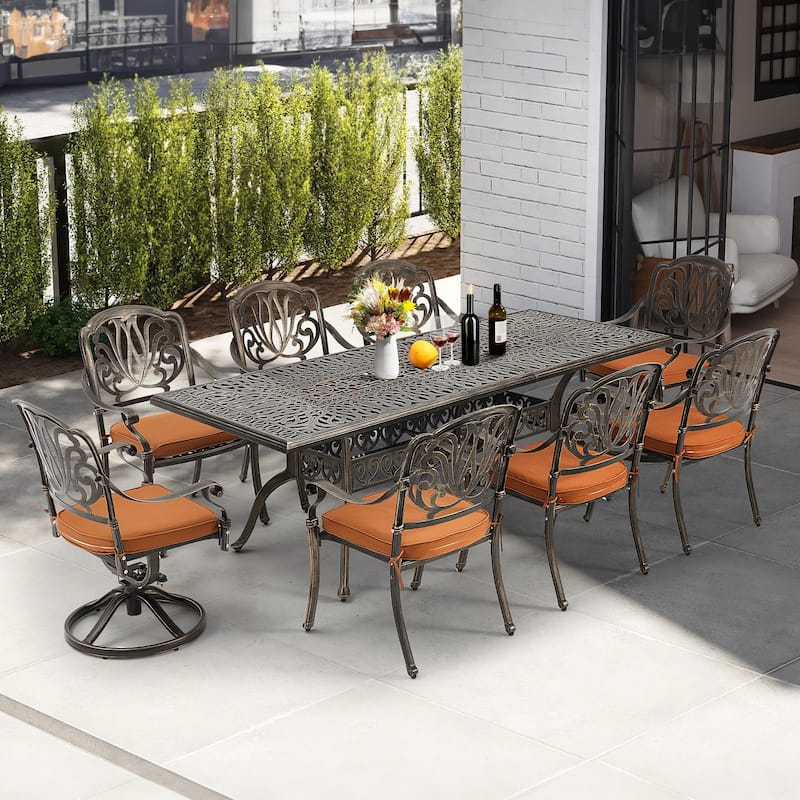 9-Piece Outdoor Dining Set with 1 Table + 8 Chairs, All-Weather Aluminum Outdoor Patio Sets for Patio, Backyard, Garden - 9 Pcs / 2 Swivel