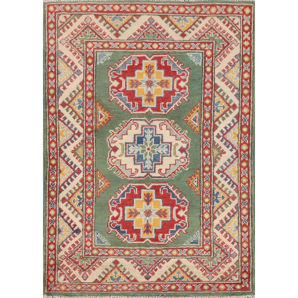 Green Geometric Kazak Accent Rug Hand-Knotted Wool Carpet - 2'9" x 3'11"