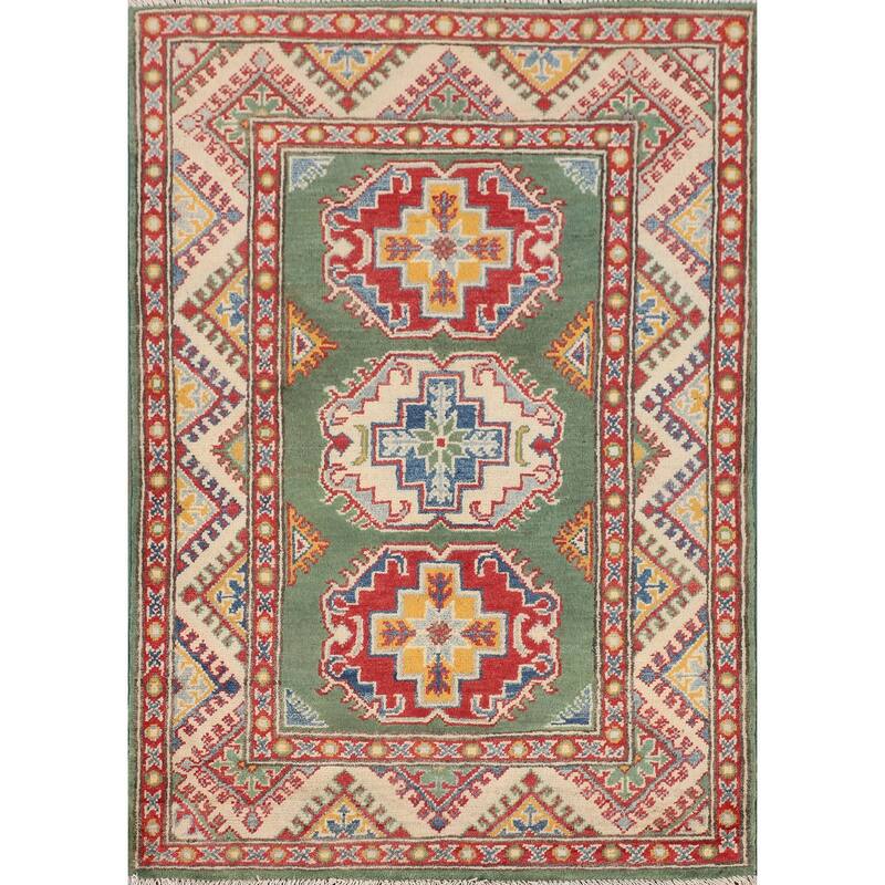 Green Geometric Kazak Accent Rug Hand-Knotted Wool Carpet - 2'9" x 3'11"