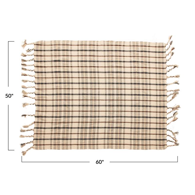 Woven Recycled Cotton Blend Plaid Throw with Tassels, Charcoal Color & Brown
