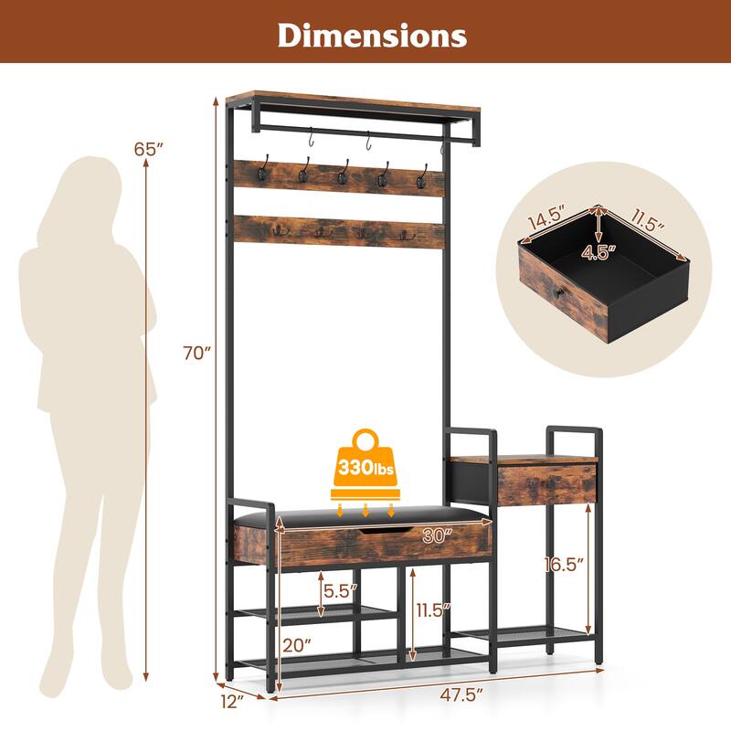 Rustic Brown Metal Hall Tree Bench with Hooks, Drawer, Shelves and Shoe Rack - 47.5" L x 12" W x 70" H
