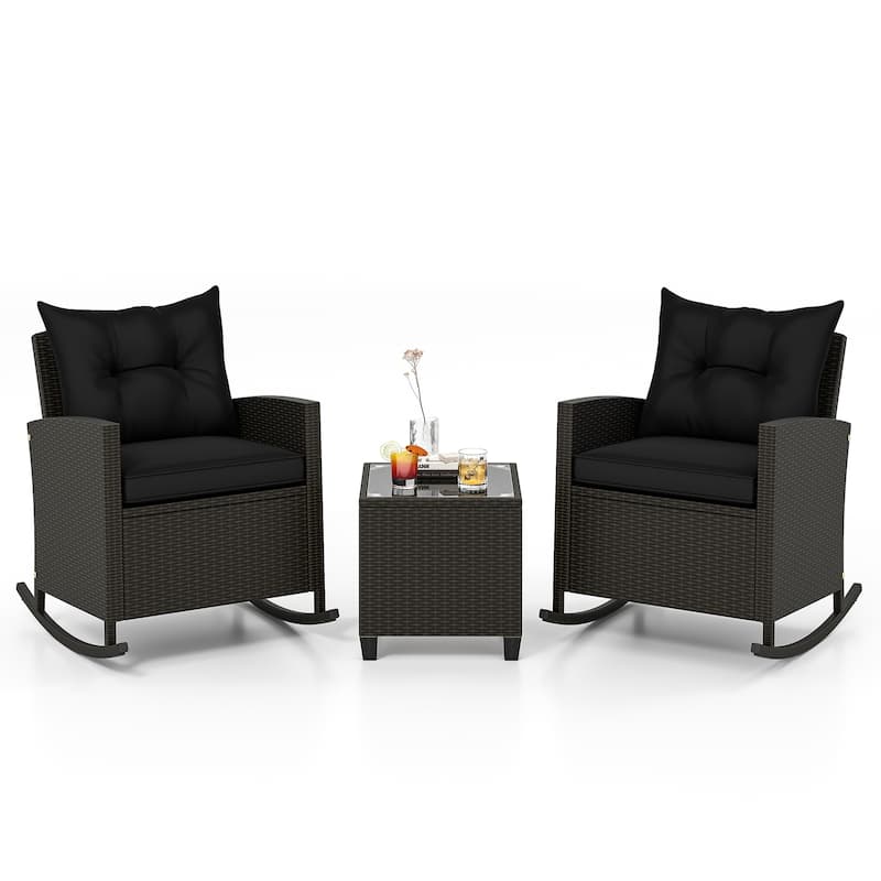 Gymax Set of 3 Wicker Rocking Set w/ Tempered Glass Table Patio