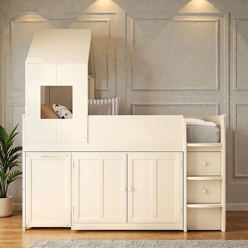 Twin Wooden Loft Bed with Rolling Desk, Storage Drawers and Cabinets, House Style Kids Loft Bed with Stairs
