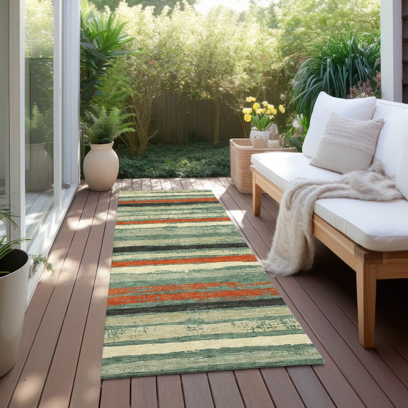 Machine Washable Indoor/ Outdoor Chantille Stripe Rug - Sage - 2'3" x 7'6"