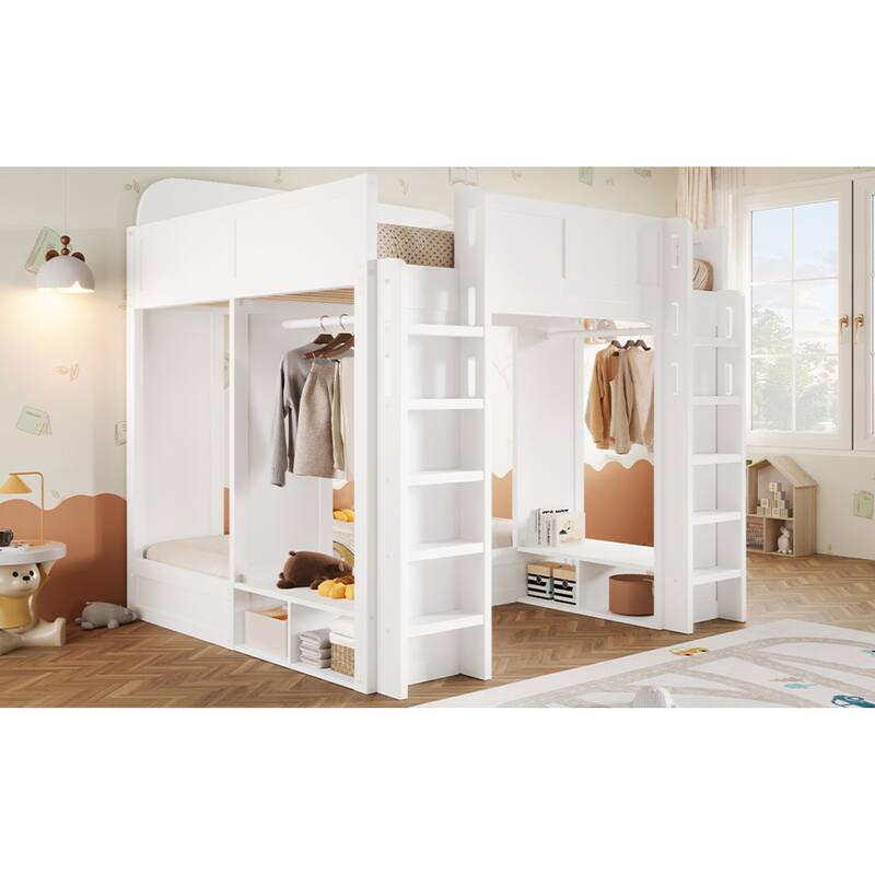 Roomfitters Triple Bunk Bed with Twin, Twin and Twin XL Beds, Storage Shelves and Hooks