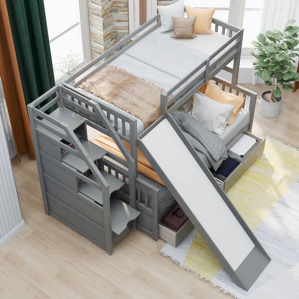 slide 2 of 24, Twin over Full Bunk Bed with Slide, Drawers & Storage, Space-Saving, Grey Grey