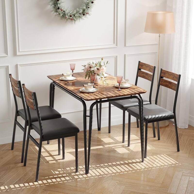 5-Piece Dining Table Set with Upholstered Chairs, Square Table with Metal Frame for Kitchen or Dining Room - Brown