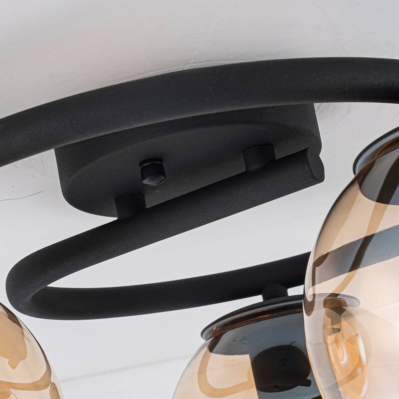 3 Light Matte Black Flush Mount Lighting Industrial with Amber Glass Globes - Dia.16.93-in