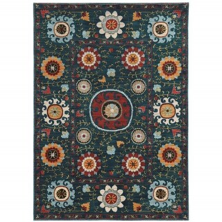 6' X 9' Teal Blue Rust Gold And Ivory Floral Power Loom Stain Resistant ...