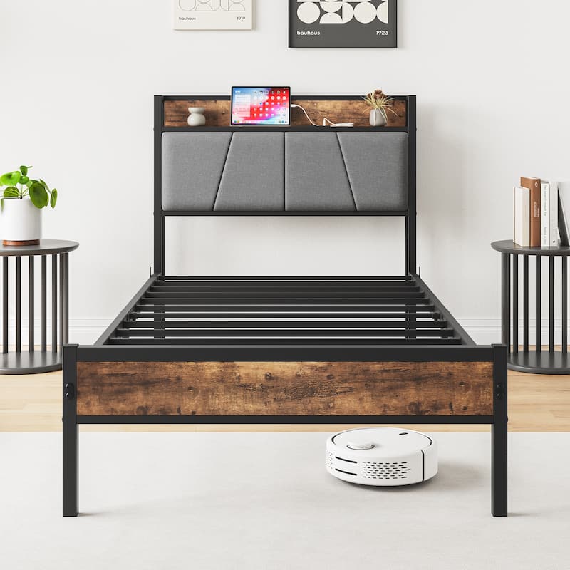 Brown Twin Metal Platform Bed with Upholstered Headboard