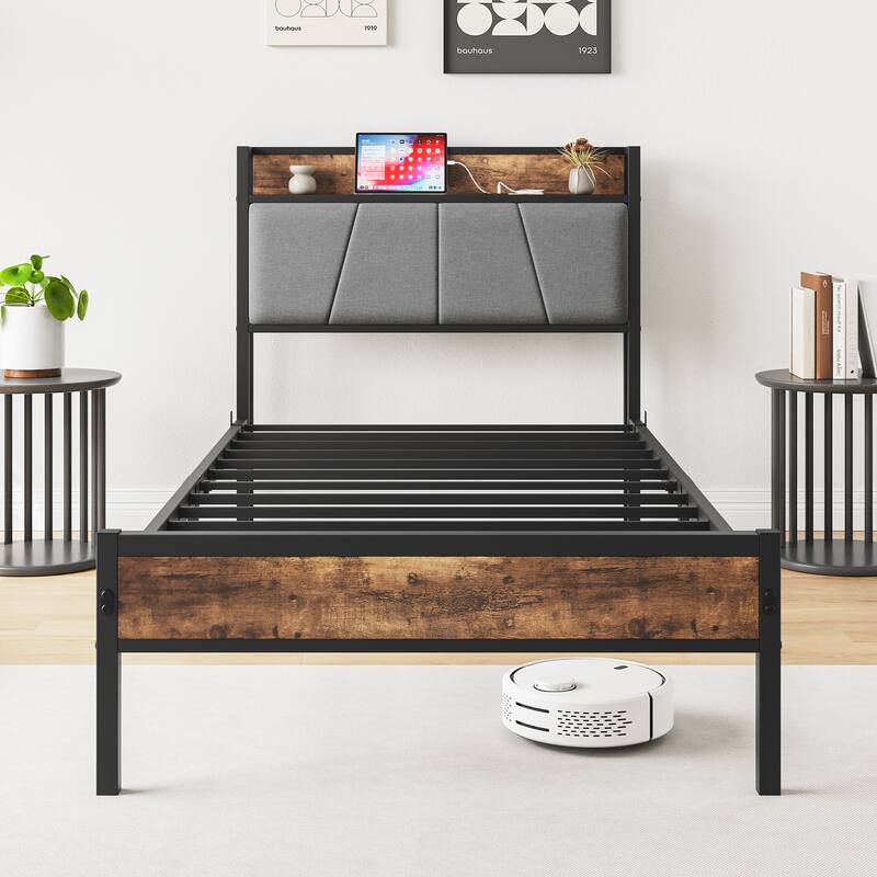 Rustic Platform Bed Metal Slat Bed Frame Mattress Foundation with Charging Station and Upholstered Headboard