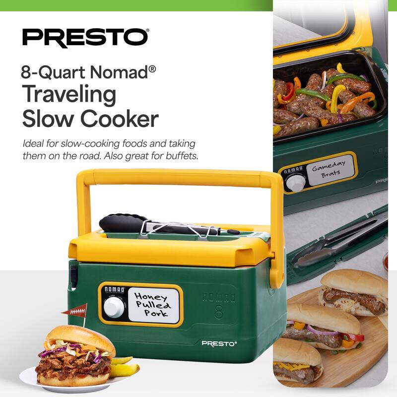 Presto 06019 8 Qt Nomad Portable Electric Slow Cooker, Locking Lid, Green/Gold