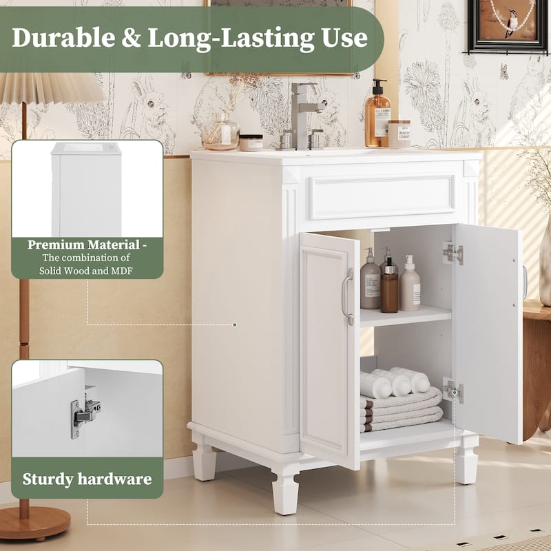 24'' Bathroom Vanity with Sink, Solid Wood Frame, Modern Storage Cabinet with 2 Soft-Close Doors & Shelf