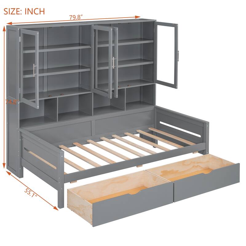 Twin Size Wooden Daybed with Glass-Door Storage, LED Lighting, and Shelves, Gray
