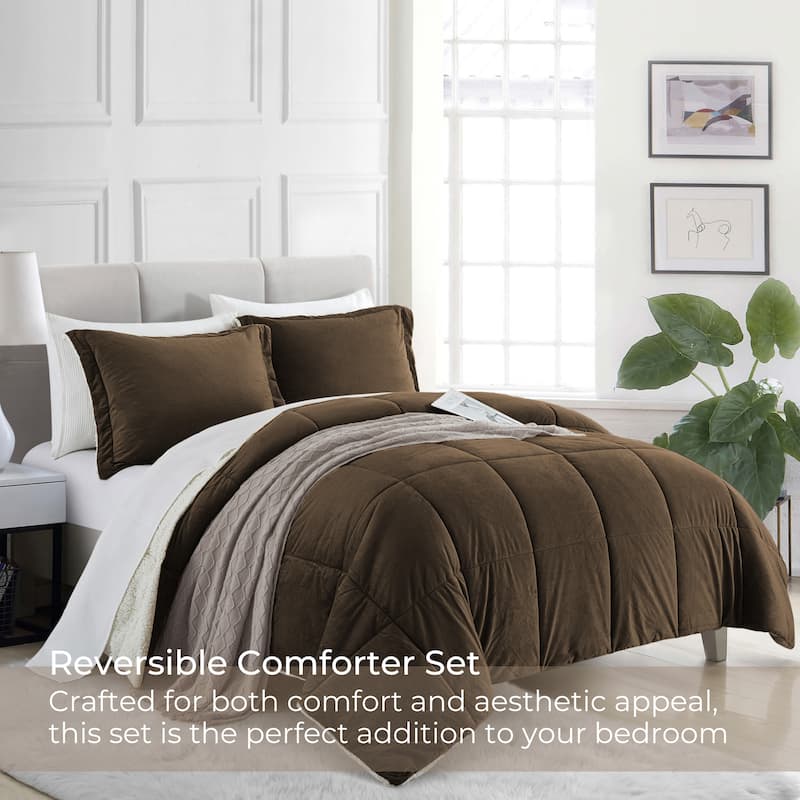 3 Piece Winter Reversible Comforter Set Faux Shearling Ultra Soft Minky Plush and Fuzzy Fleece Microfiber