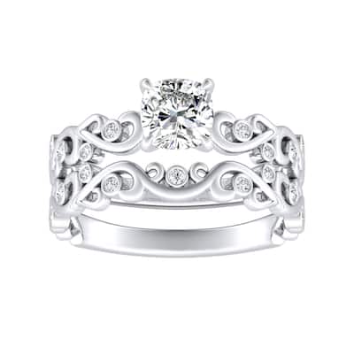 Auriya 1ct Vintage Cushion-cut Moissanite and Diamond Engagement Ring Set 14k Gold