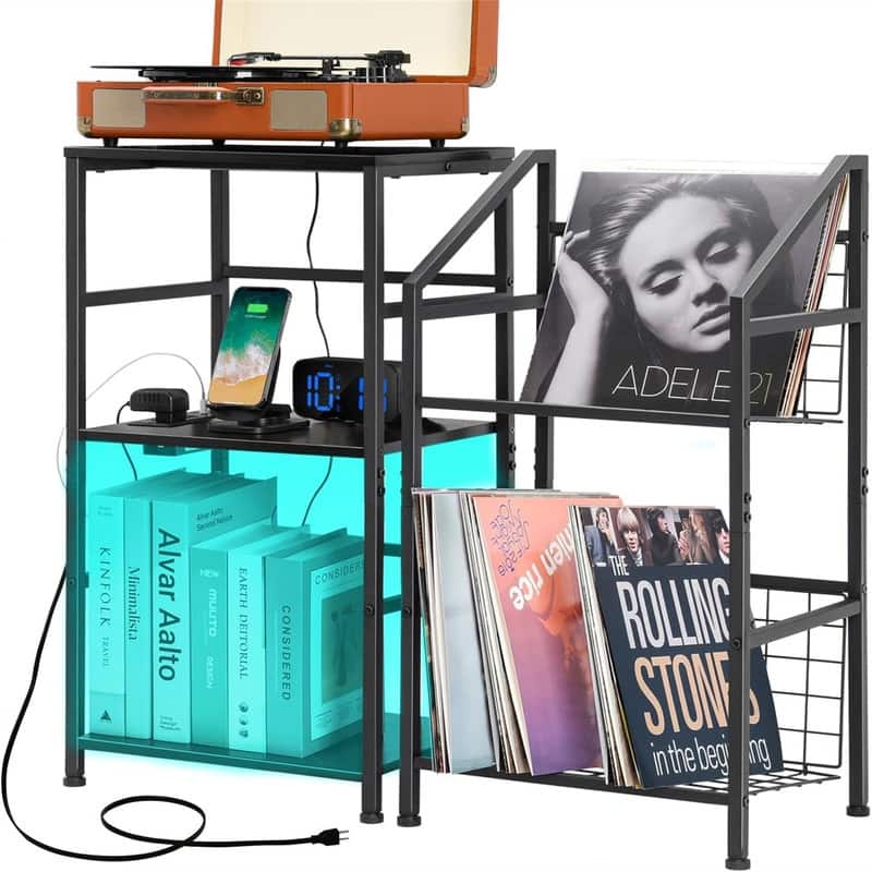 Record Player Stand With Vinyl Storage - 11.8"D x 15.3"W x 29.1"H - Black