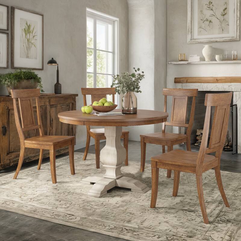 Ronda 45" Round Solid Wood Top Dining Set with Panel Back Chairs - Antique White Table - Oak Chairs