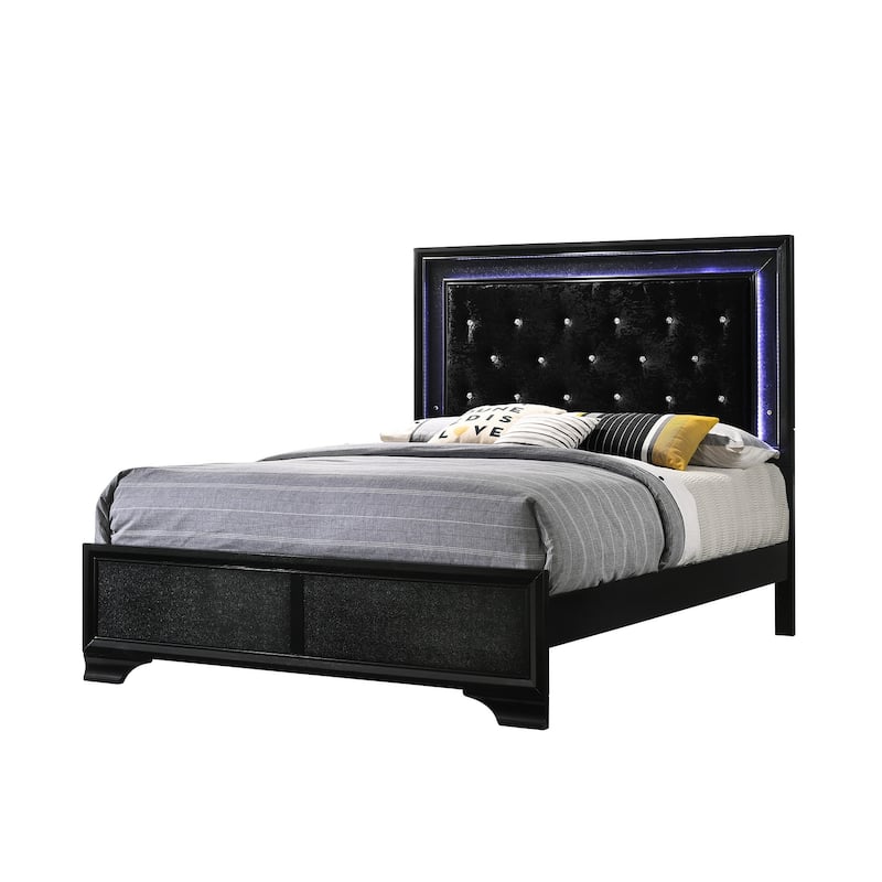 Nathalie 4 Piece Black LED Fabric Upholstered Tufted Panel Bedroom Set