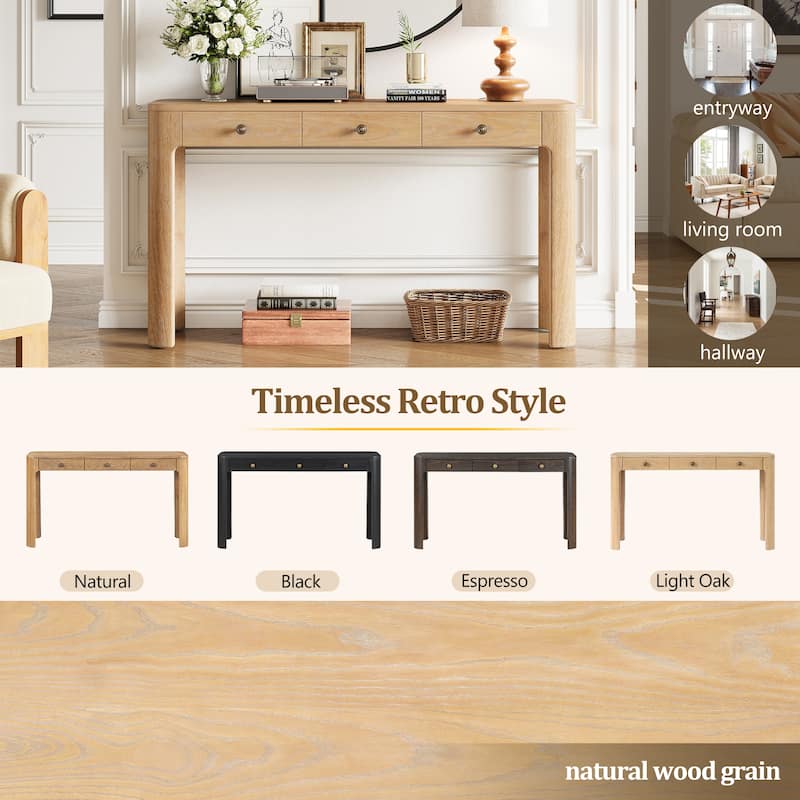 Rustic Console Table with Curved Corners, Entryway Table with 3 Concealed Drawers, Sturdy Sofa Table with Thick Legs