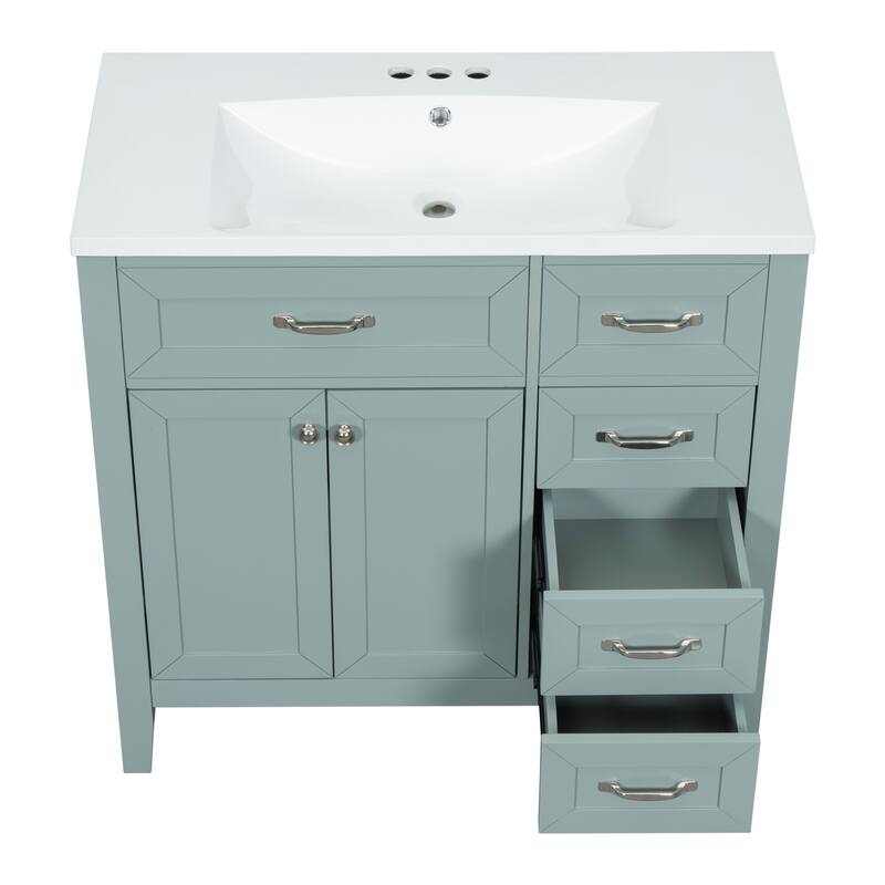 36" Grey Bathroom Vanity with Ceramic Sink, Cabinet, 3 Drawers & Black Handles, Freestanding Modern Design