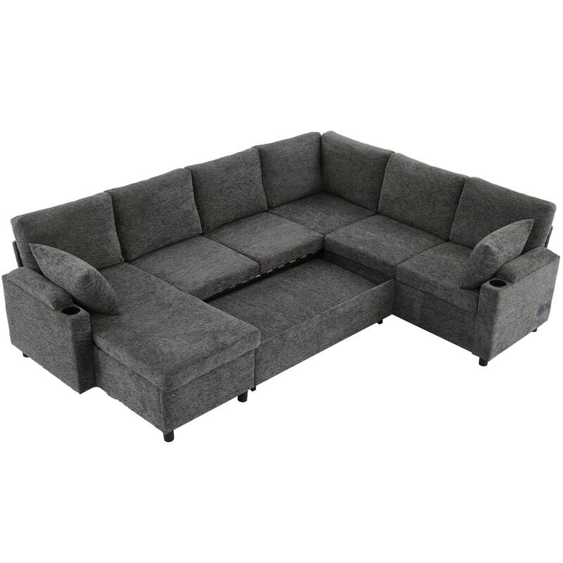 U-Shaped Chenille Sectional Sofa with Storage Chaise Lounge, Convertible Sleeper Sofa Bed with Cup Holders & Charging Ports
