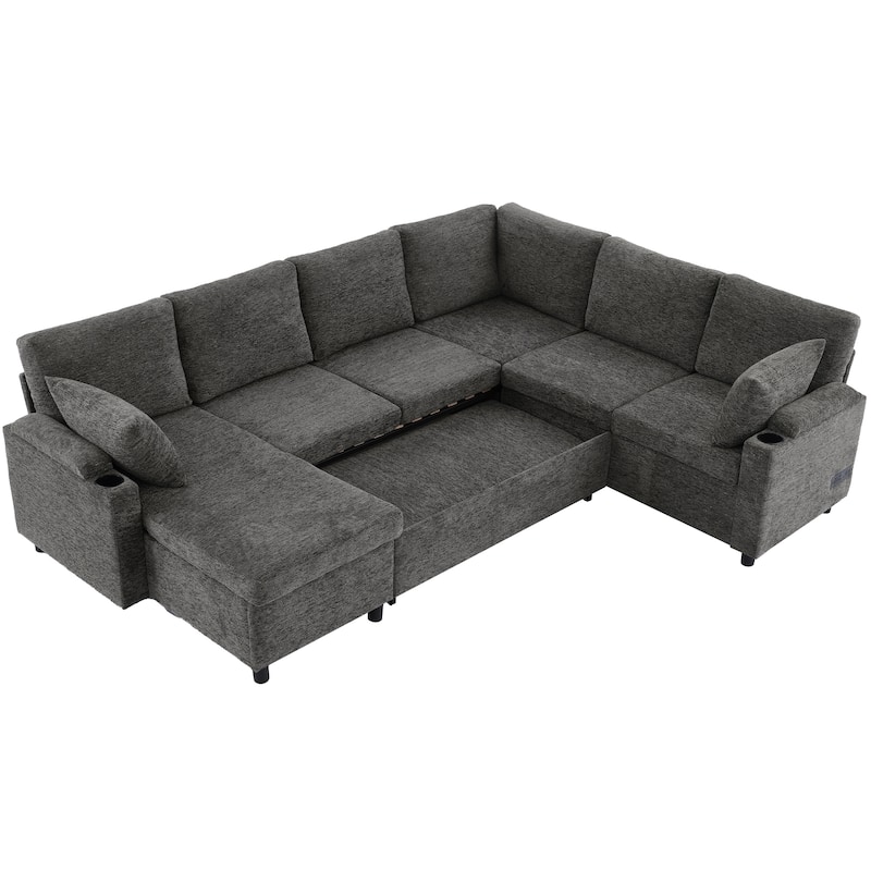 U-shaped Sofa, Chenille Sectional Sofa with 2 Cup Holders and Charging Ports Livingroom Sleeper Recliner Sofa Couch