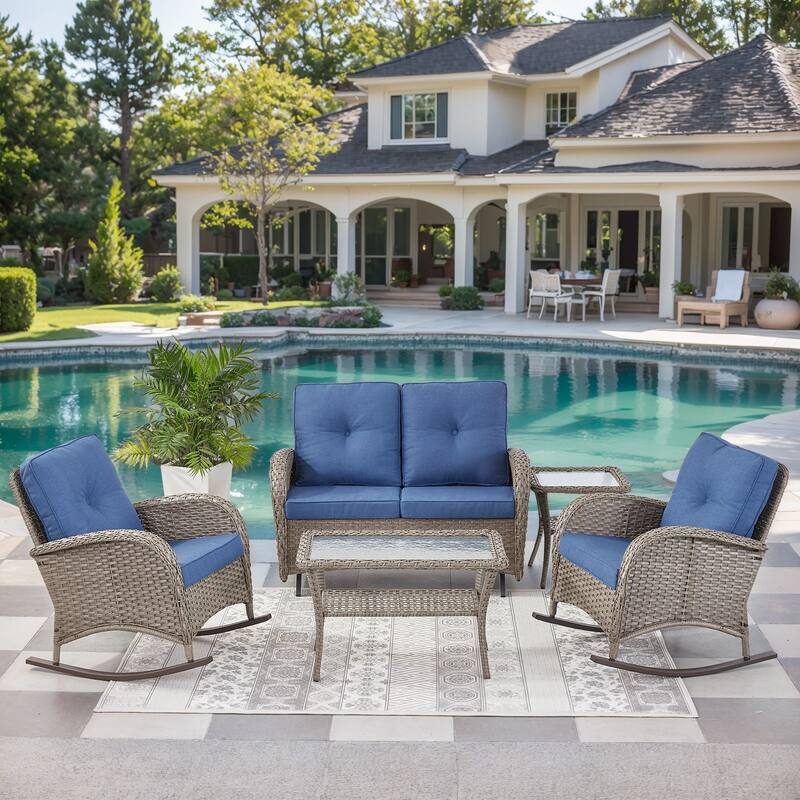 Outdoor Glider Sofa Rocker Chairs Coffee Table - Grey - Blue
