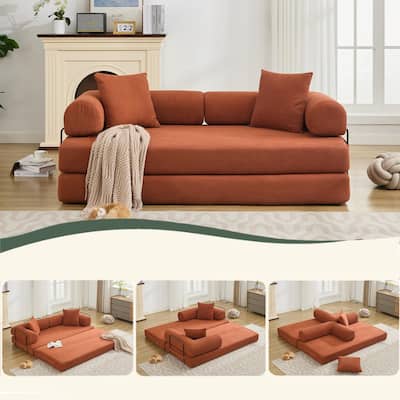 78.5" Folding Convertible Out Sleeper Sofa Bed, 3 Seat, Orange Corduroy