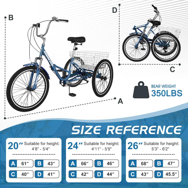 DoCred Adult Folding Tricycle, 7 Speed 3-Wheel Bicycle with Basket