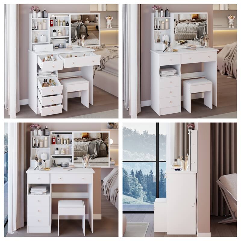 37" Bedroom Vanity Set with Sliding Mirror & Cushioned Stool