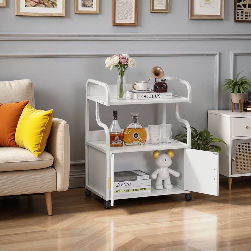 Javlergo 2-in-1 White Rolling Utility Cart with Outlets & USB Ports 3-Tier Open Shelf or 2-Tier with Door Cabinet Office Cart