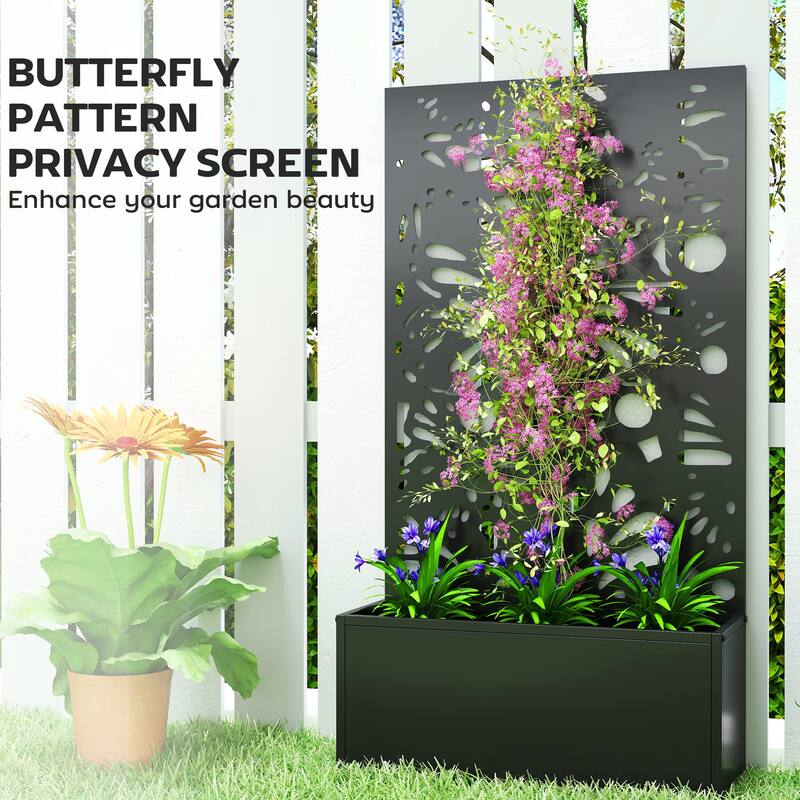 Outsunny Metal Raised Garden Bed with Trellis for Climbing Plants, Freestanding or Wall Mounted Flower Bed with Privacy Panel