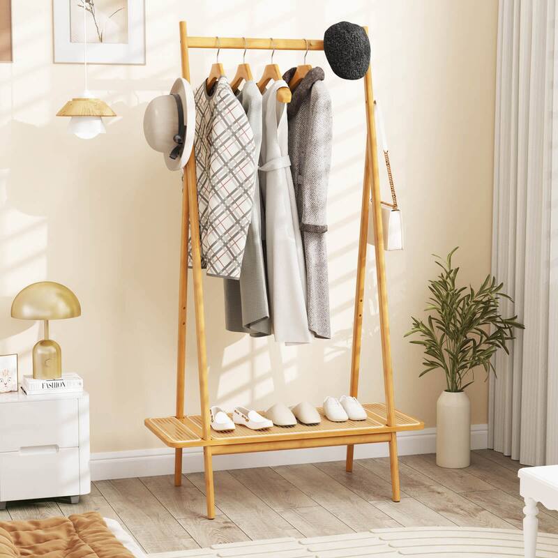 Costway Bamboo Clothes Rack Clothing Rack with Hanging Rod Rattan - See Details