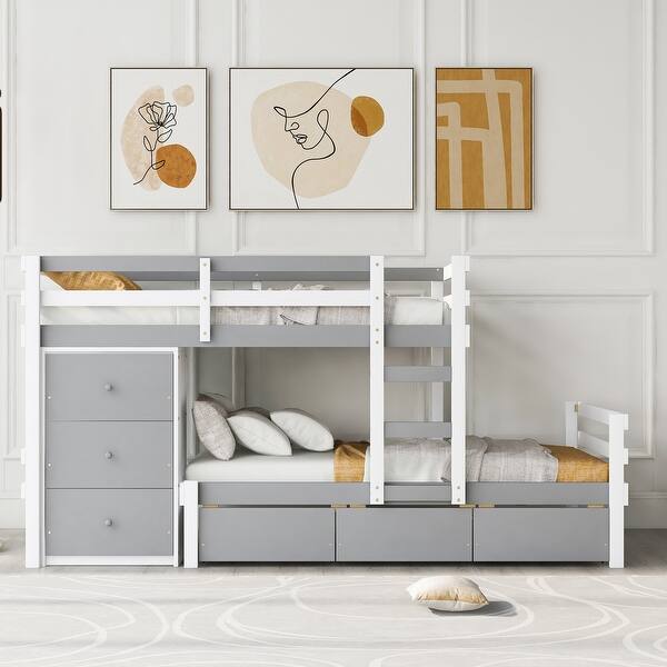 slide 2 of 15, Twin over Twin Loft Bunk Bed Wood Kids Storage Bed with 6 Storage Drawers and Ladder Gray