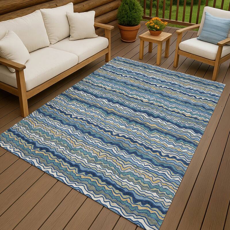 Machine Washable Indoor/ Outdoor Ziggy Stripe Chantille Rug - Navy - 8' x 10'