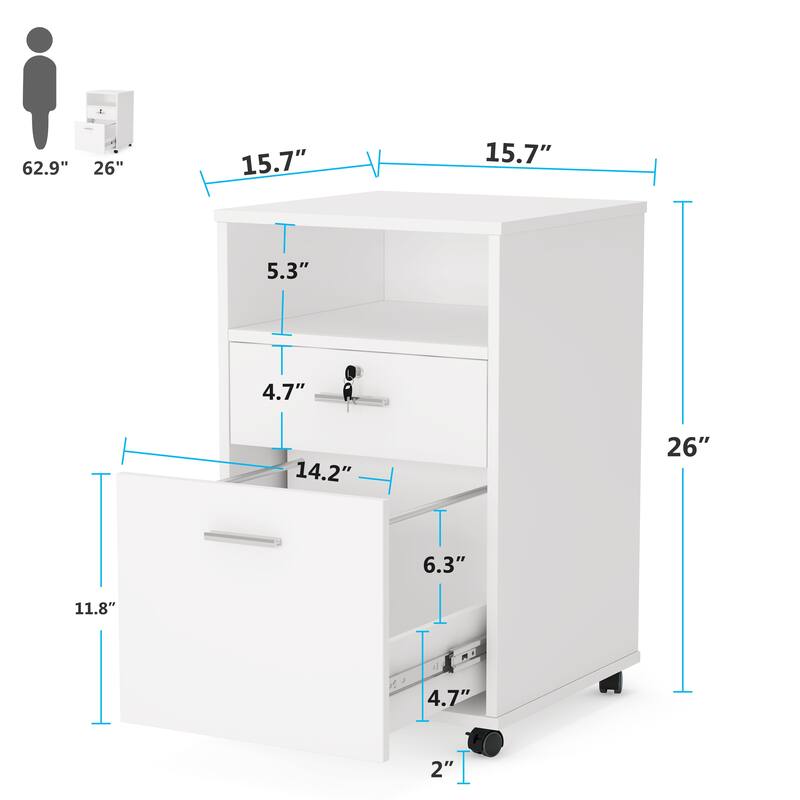 2 Drawer Mobile File Cabinet with Lock, Wood Modern Filing Cabinet