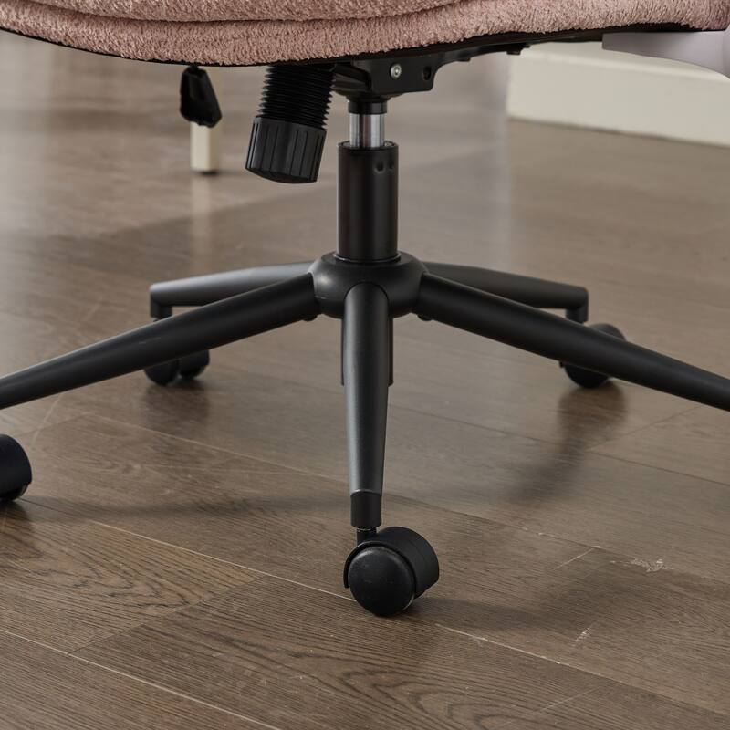 Pink Swivel Chair with Flip-Up Armrests and Crossed Legs