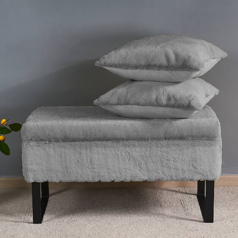 Heavy FauxFur Storage Ottoman with 2 Pillow Set