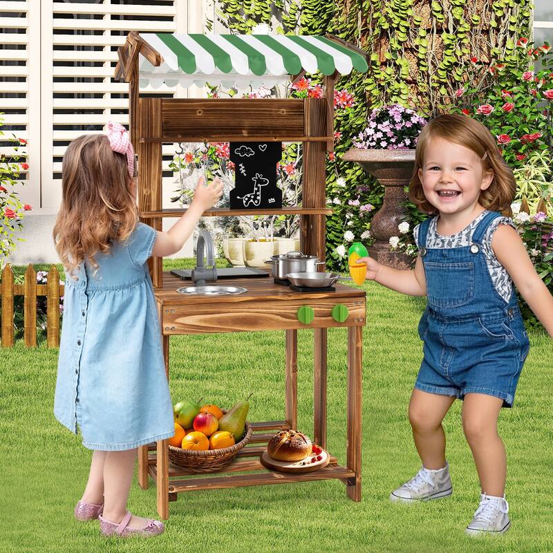 Double-Sided Mud Kitchen with Canopy and Chalkboard for 3+ Years Old-Natural - Multi