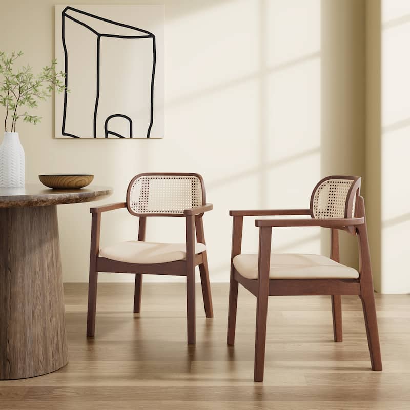 Christopher Knight Home - Sorin Modern Rattan and Upholstered Indoor Dining Chair with Armrest - Set of 2 - Beige+Brown