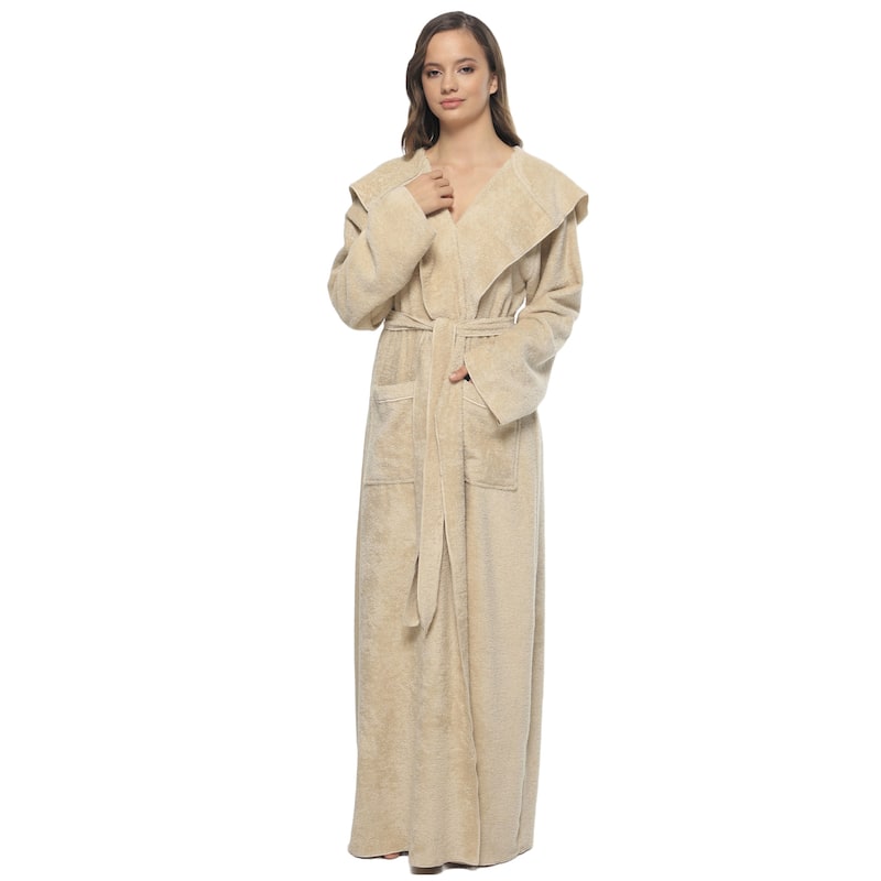 Women's Angel Stlyle Robe Ankle Long Hooded Turkish Cotton Bathrobe - Large - Latte